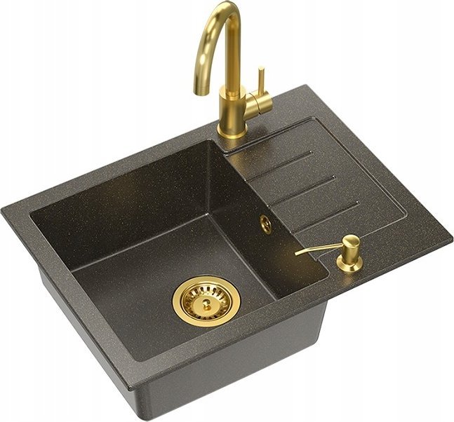 Zlewozmywak Steiner ART JOHNNY 116 (60x44x18,5) GraniteQ Art Gold Black Pearl z syfonem manualnym, baterią Naomi i dozownikiem - czarny opalizacja zło
