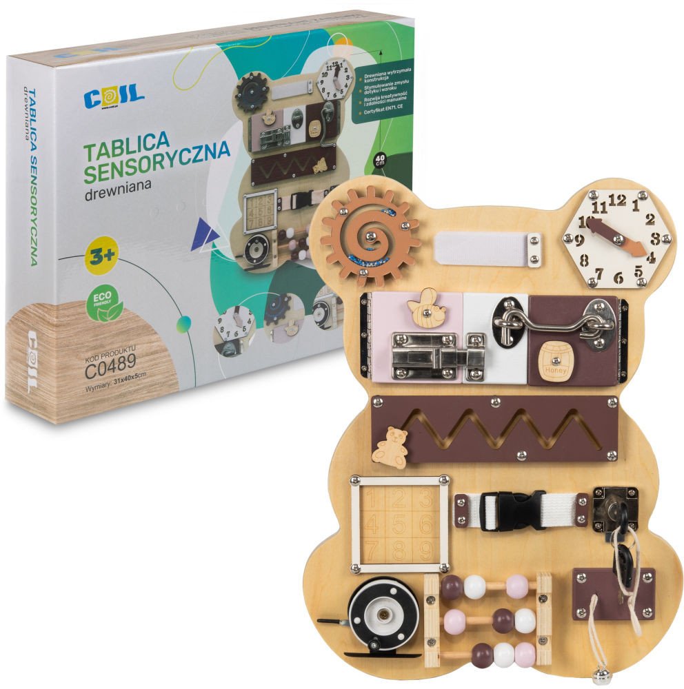 Coil tablica manipulacyjna montessori drewniana miś