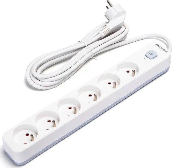 Aigostar Francuski przedłużacz 6-gniazdowy z wyłącznikiem biało-szary 3m Francuski przedłużacz 6-gniazdowy z wyłącznikiem biało-szary 3m