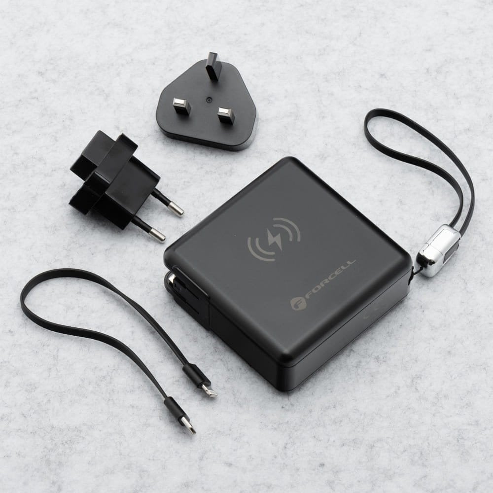 Wielofunkcyjna ładowarka Forcell F-Energy 6w1 USB A + USB C PD 45W + power bank 15000 mAh + ładowanie bezprzewodowe 15W czarna