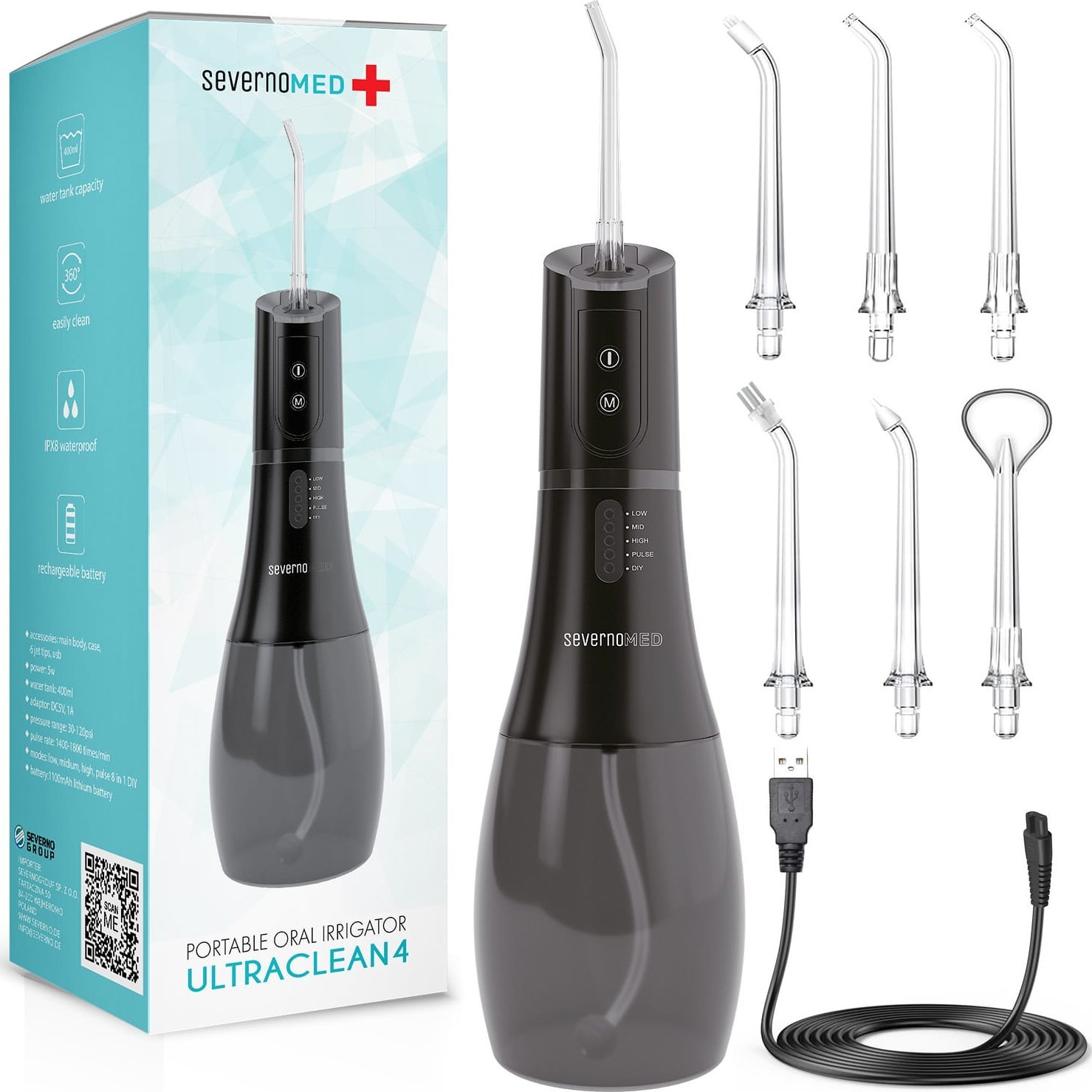 Irygator Severno Irygator dentystyczny do zębów i jamy ustnej bezprzewodowy ULTRACLEAN 4 + 6 końcówek