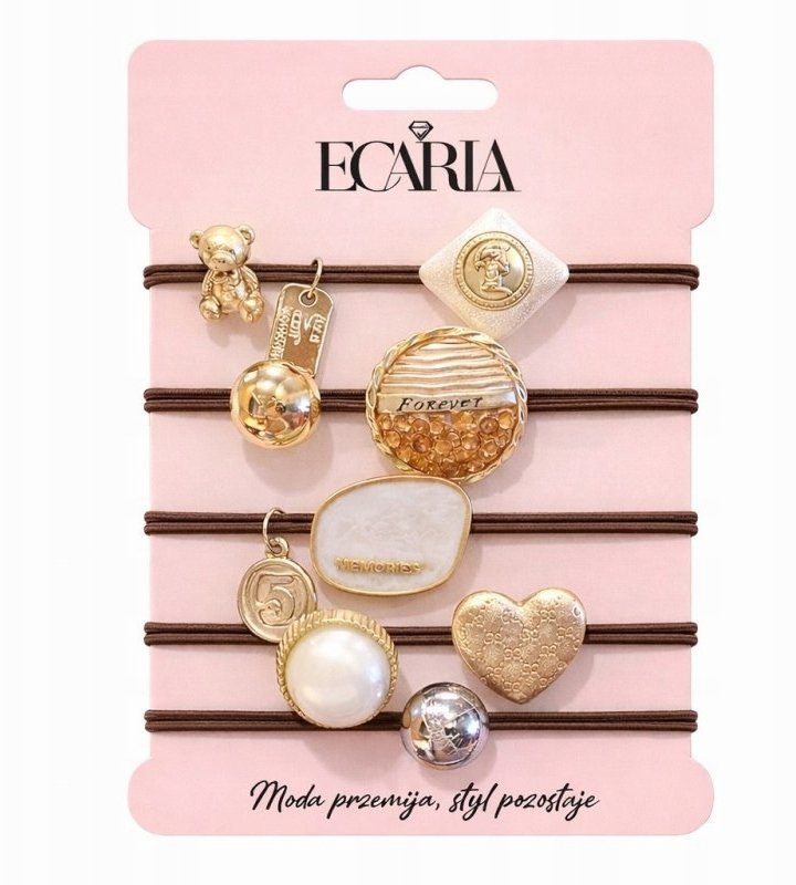 ECARLA Zestaw frotek gumek 5w1 na plakietce Brązowe z kamieniami Złote Serce GUM183