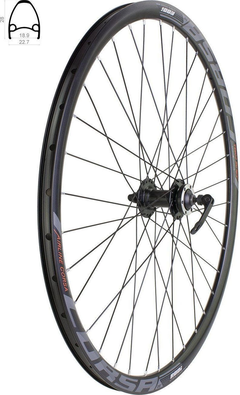 XMX Koło przód 28" obręcz Rodi Corsa, piasta XMX-282QF hamulec tarczowy, łożyska maszynowe, szprychy czarne Uniwersalny