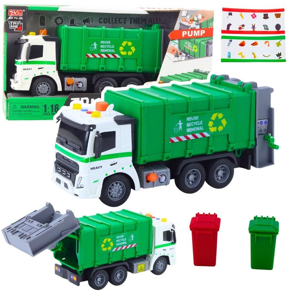 Ciężarówka Śmieciarka Pojemnik Na Śmieci Światła Dźwięki Zielona 1:16 EDUKAMP
