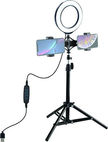 Lampa pierścieniowa Puluz LED žiedinė lempa 16cm, su trikoju stovu iki 70cm ir dvigubu telefono laikikliu, USB