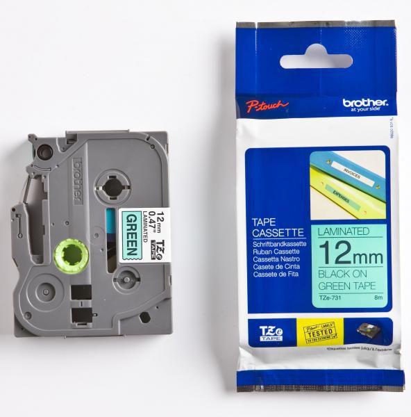 Brother Taśma do drukarek etykiet czarny druk / zielony podkład laminowane 12mm x 8m (TZE731)