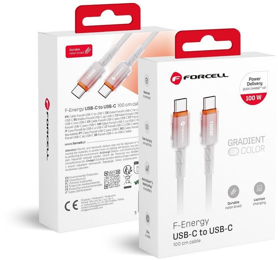 Kabel USB C do USB C Forcell F-Energy QC4.0 PD 5A 100W Gradient 1 m C357 biały