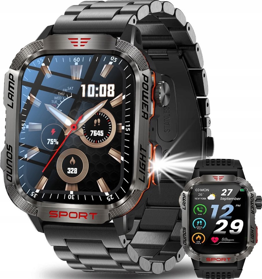 SMARTWATCH MILITARNY ZEGAREK LATARKA SATURACJA ROZMOWY 600 MAH WODOODPORNY