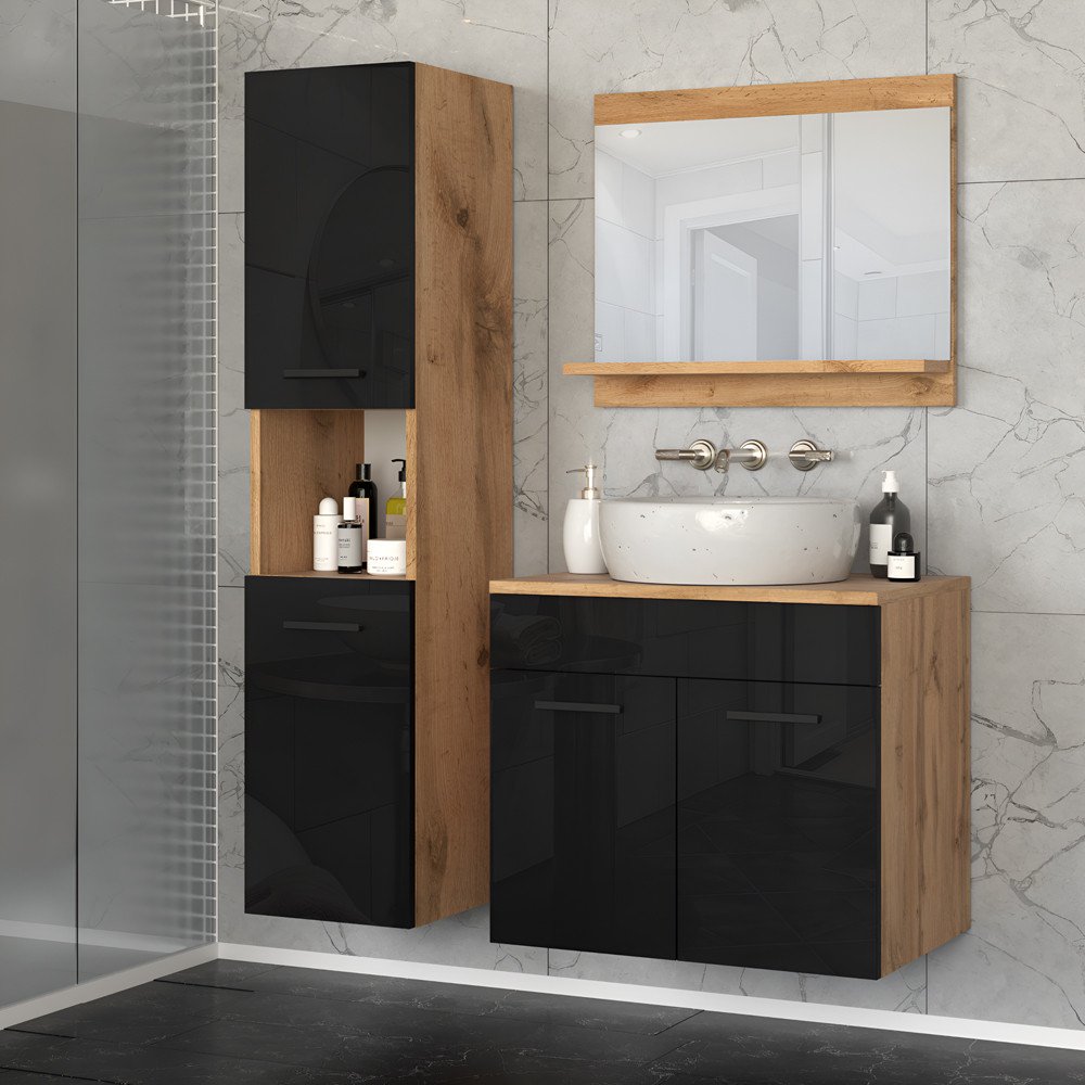 Meble Łazienkowe 90cm Szafka Umywalka Szuflady Słupek Wotan Czarny Połysk