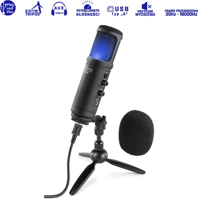 Mikrofon studyjny USB Power Dynamics PCM120 ze statywem i oświetleniem one size