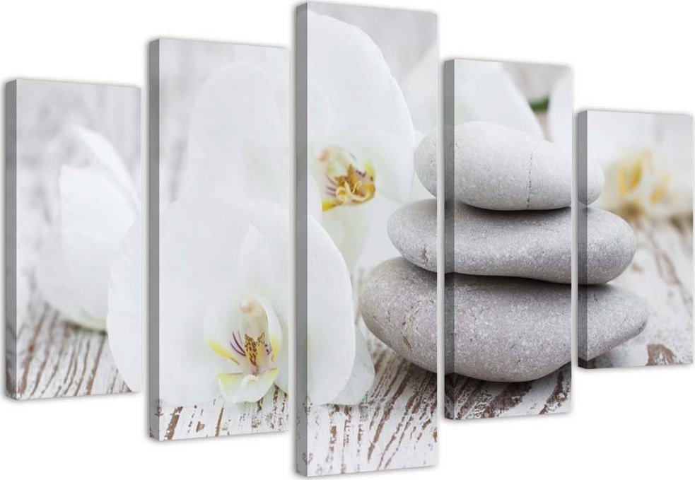 Feeby Obraz pięcioczęściowy na płótnie, Biała orchidea zen i kamienie - 200x100