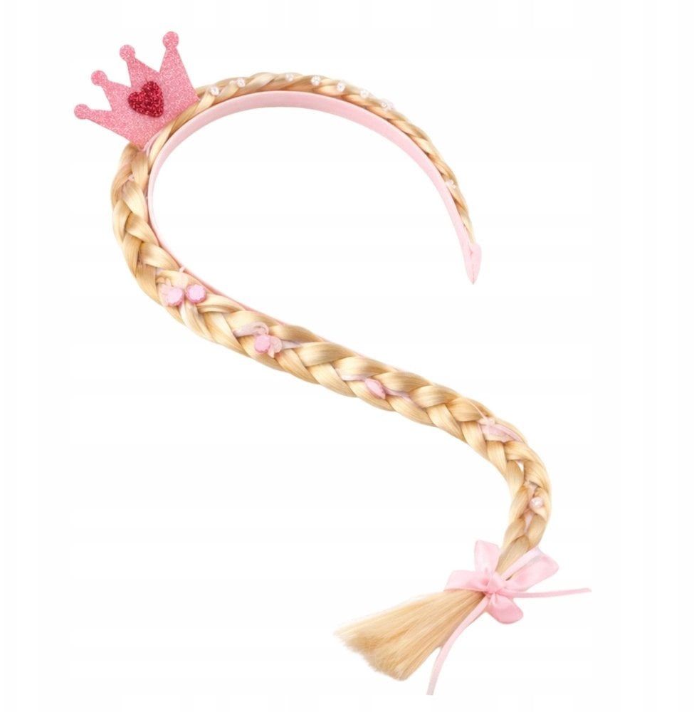 Opaska Z Długim Warkoczem Różowa Wstążka Diamenty Korona 50 cm
