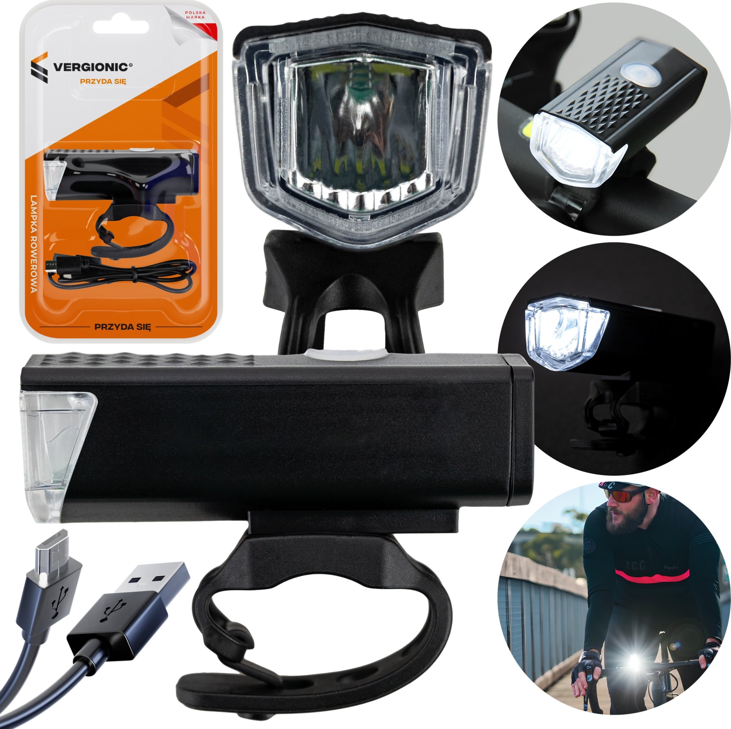 VERGIONIC MOCNA LAMPKA ROWEROWA PRZEDNIA LED 3 TRYBY 300 LM USB 800mAh WODOODPORNA