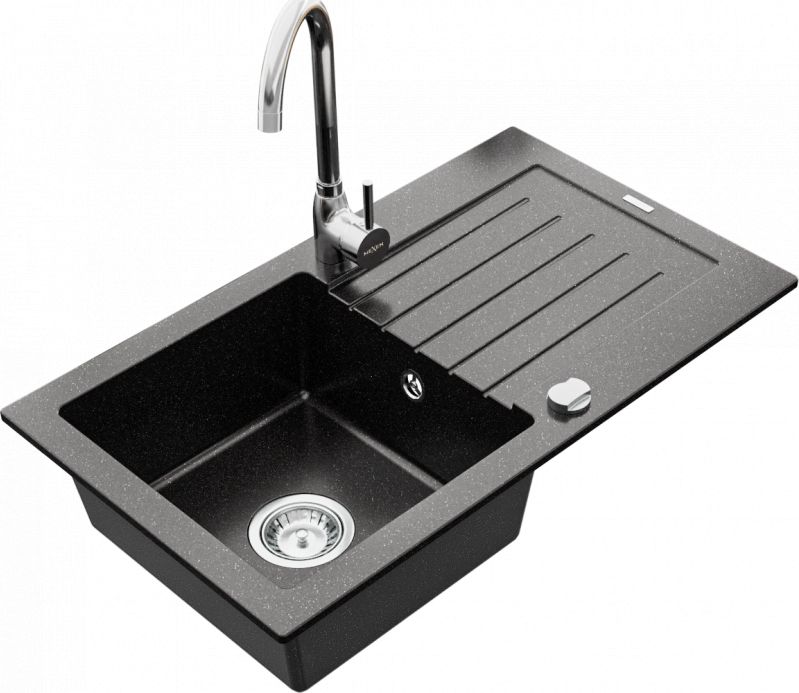 Zlewozmywak Mexen Pablo granitowy 1-komorowy z ociekaczem i baterią kuchenną Telma, czarny/srebrny - 6510-73-670200-00
