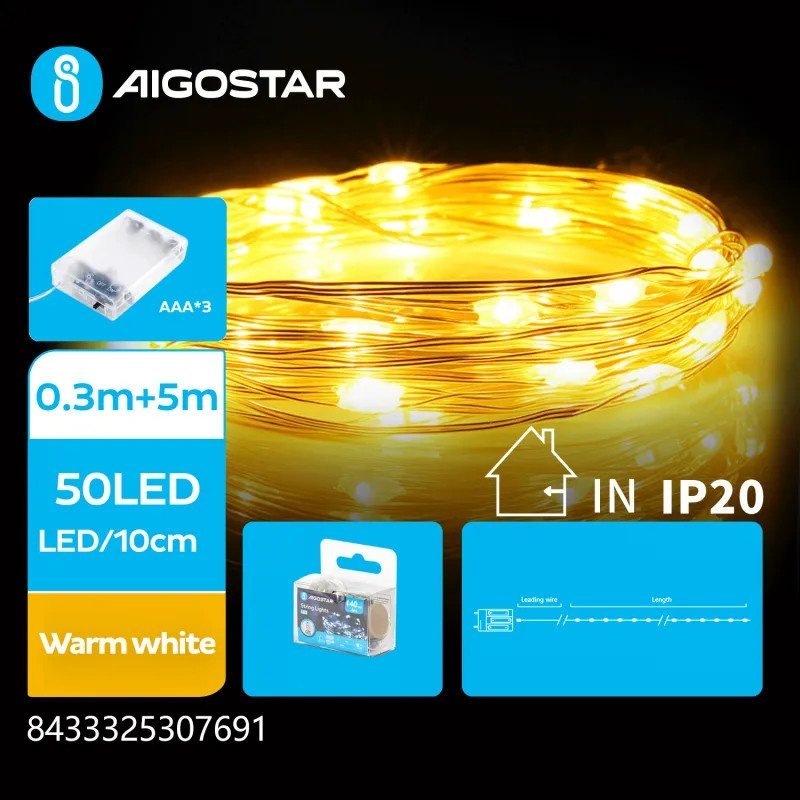Lampki choinkowe Aigostar Lampki choinkowe 50 led na 3 baterie AA, Ciepła biel, 5m Lampki choinkowe 50 led na 3 baterie AA, Ciepła biel, 5m