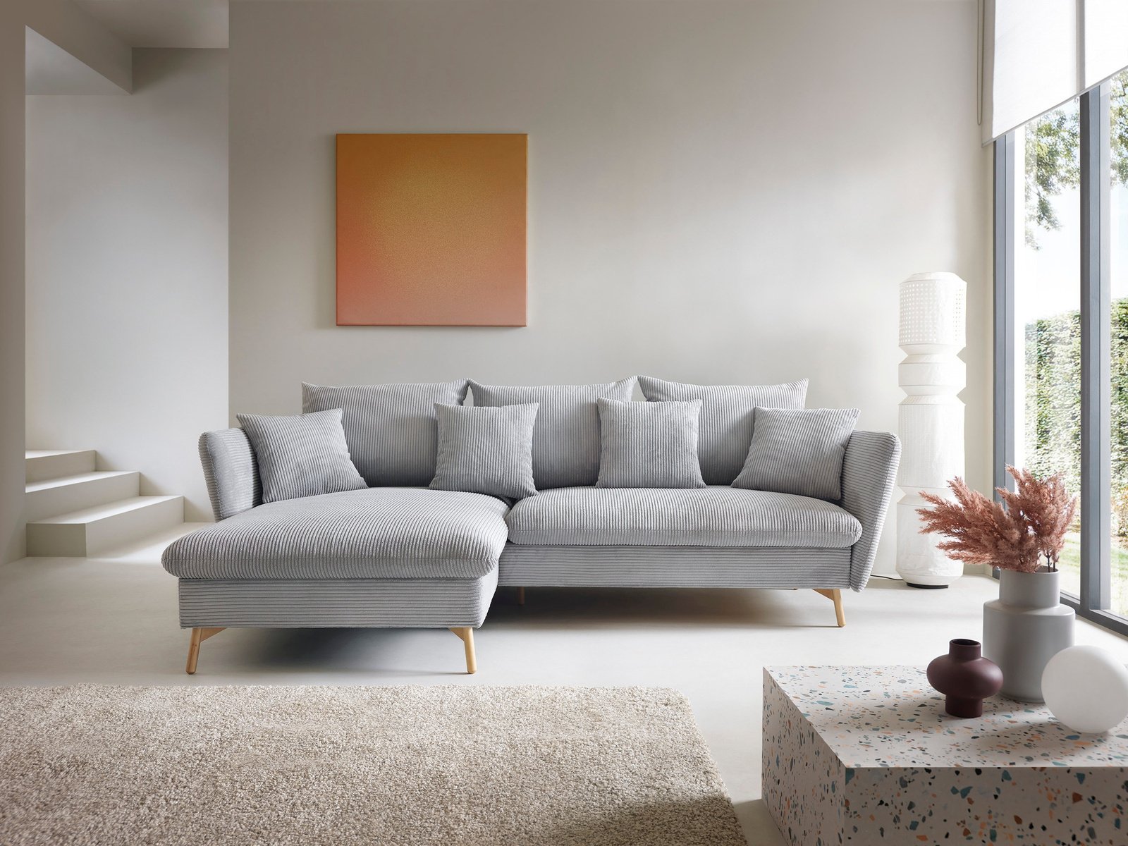 Narożnik MORRE lewostronny sztruks Poso 55 jasny popiel funkcja spania skandynawski