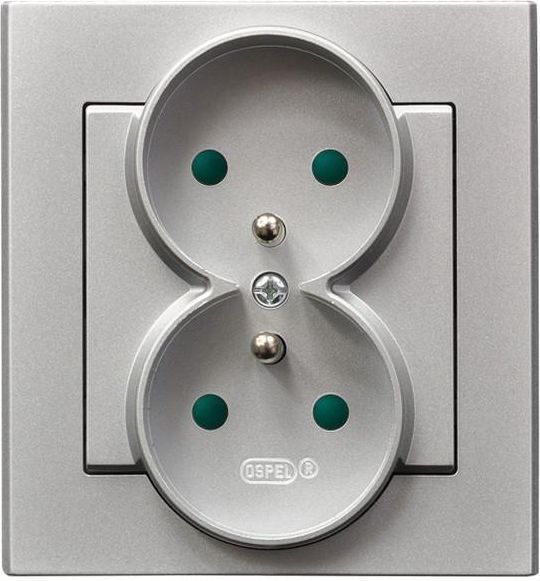 Ospel Gniazdo Sonata podwójne z uziemieniem i przesłonami srebrny mat (GP-2RZP/38)