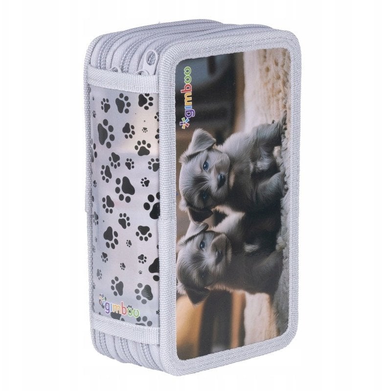 Piórnik szkolny GIMBOO, z wyposażeniem, 3 komory, Puppies 2025, szary