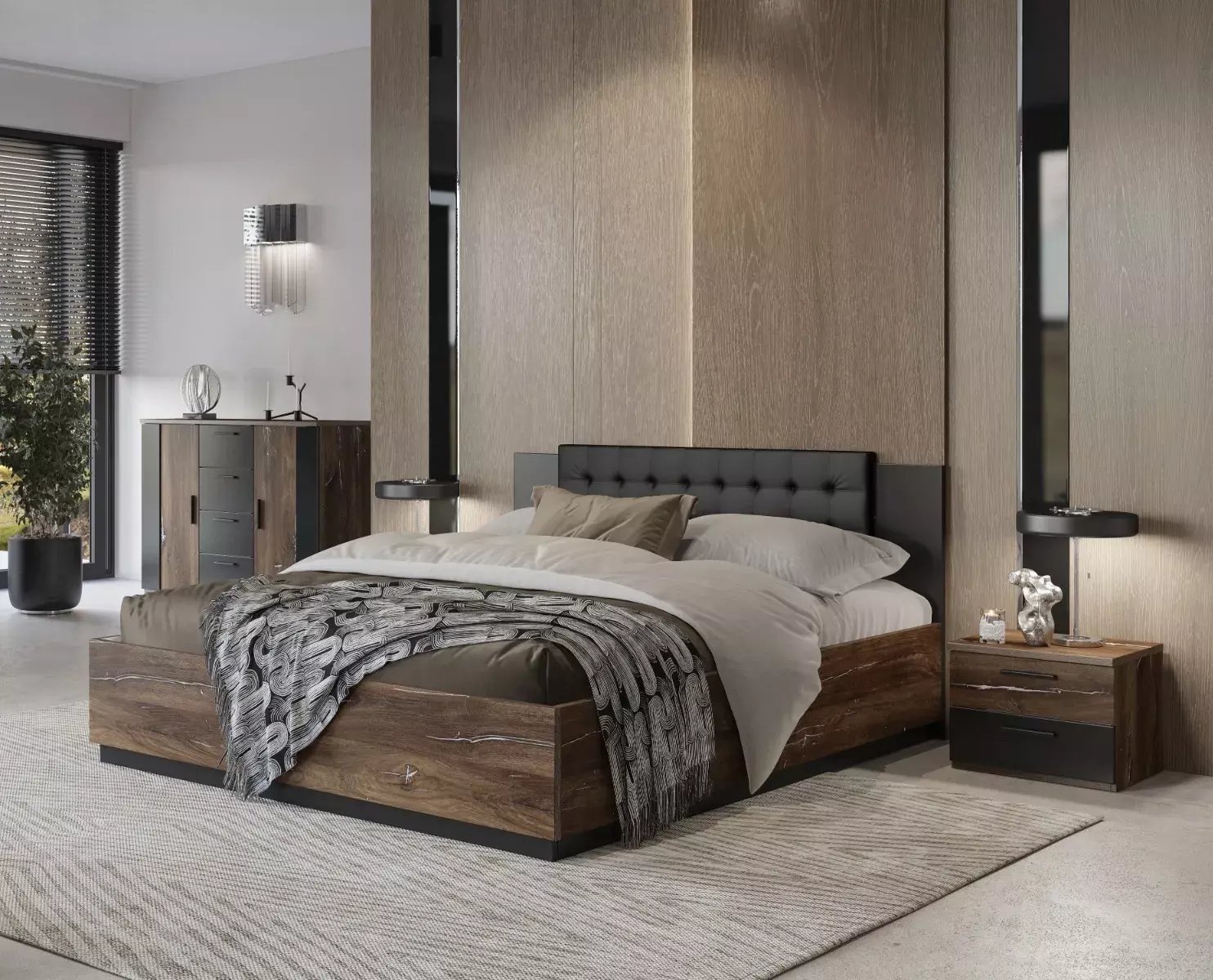 Łóżko SIGMA 160x200 dąb flagstaff srebrny/czarny mat z pojemnikiem HELVETIA