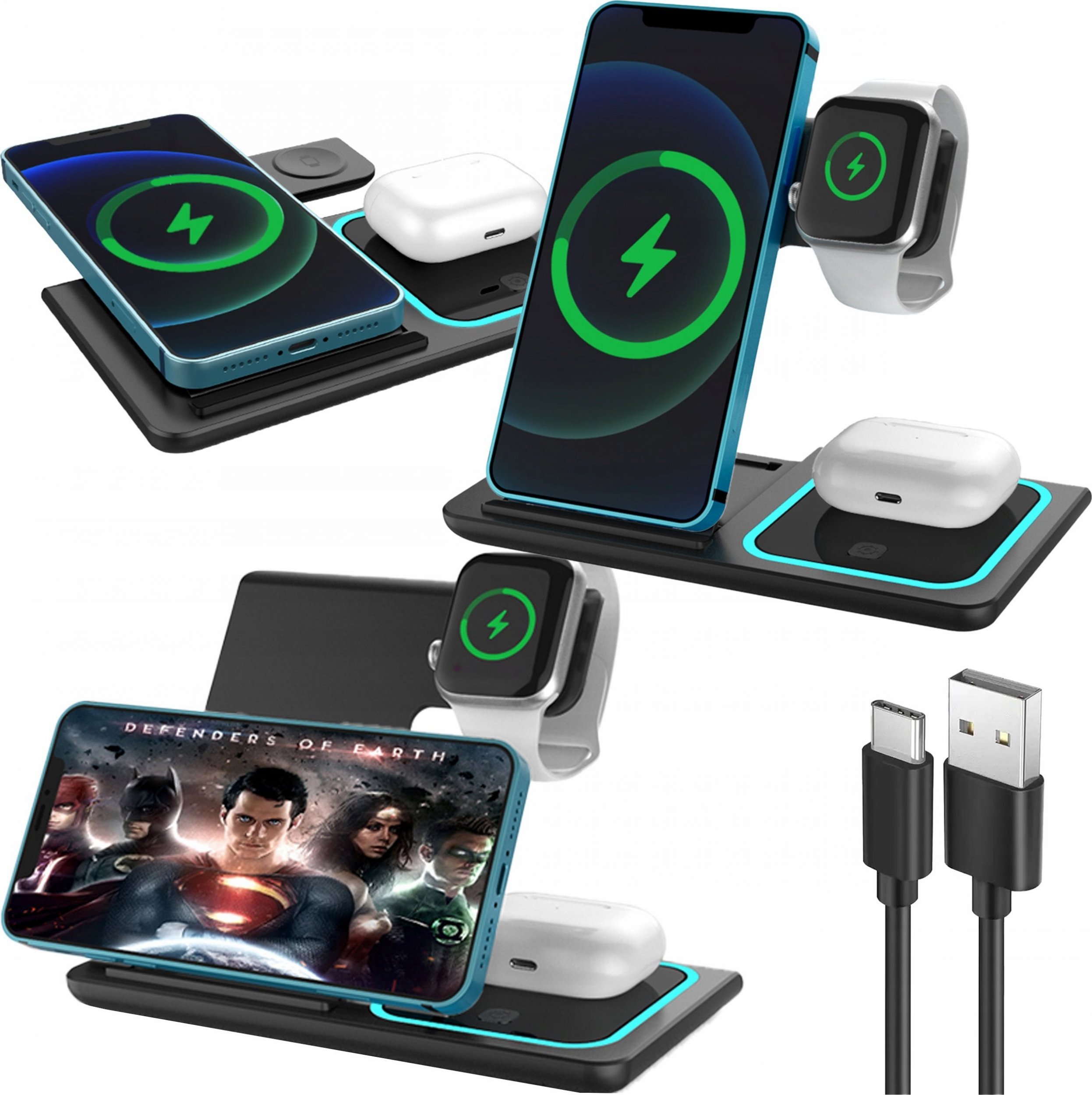 Ładowarka Slayo Ładowarka Indukcyjna 3w1 Szybka Stacja Ładowania Składana 15W QI Do iPhone