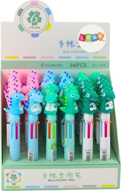 LeanToys Wielokolorowy Długopis Dinozaur Automatyczny 6 Kolorów Mix