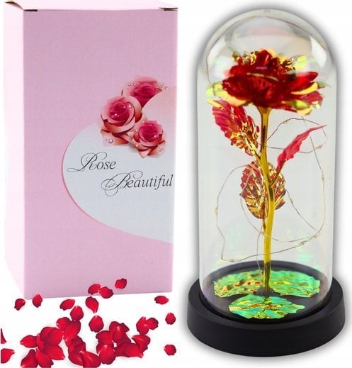 Wieczna Róża W Kopule Kryształowa Oświetlenie LED Czerwona 21x11cm