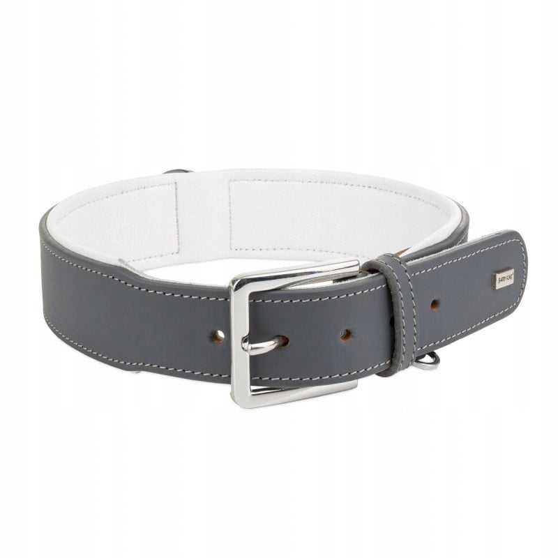 Obroża skórzana, M: 37-44 cm/34 mm, szara/biała