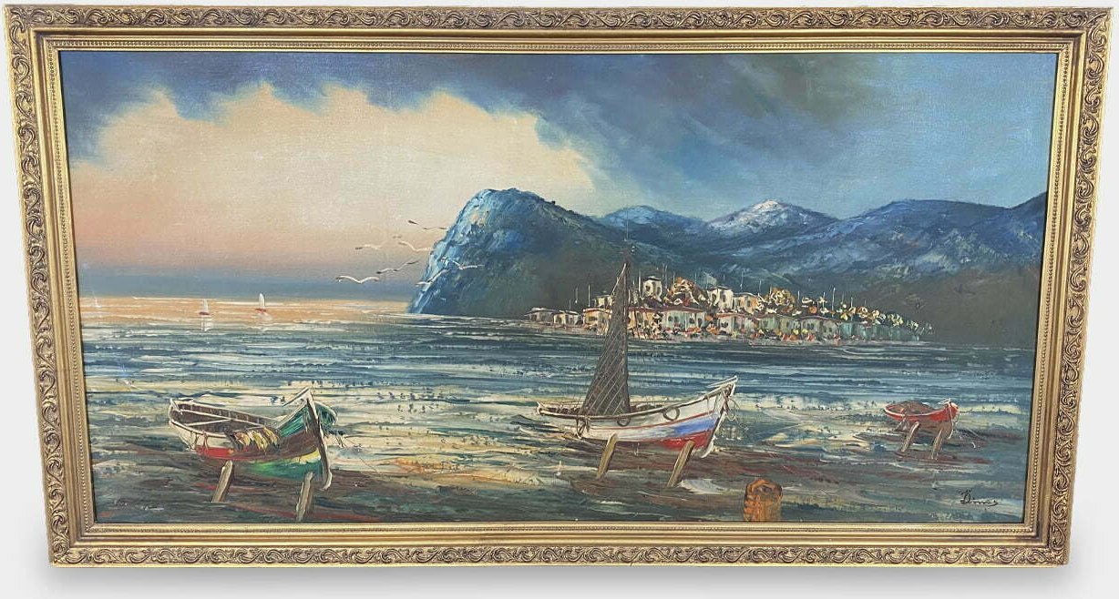 rzezbyzbrazu Obraz Olejny Zachód Słońca Łódki w Porcie Pejzaż w Złotej Ramie