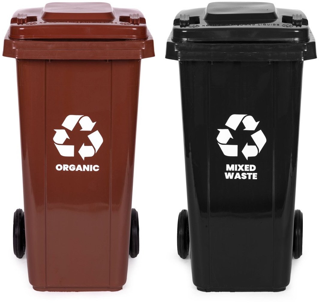 Zestaw 2 koszy na śmieci pojemniki 2x120L czarny brązowy odpady zmieszane BIO gumowe koła