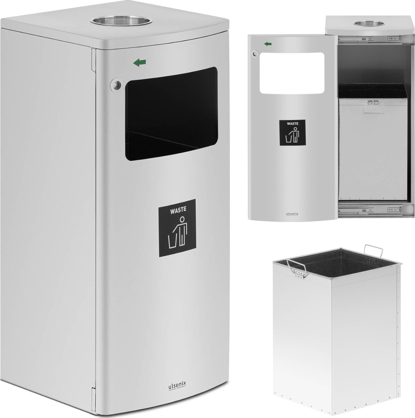 Kosz na śmieci Ulsonix Kosz na śmieci odpady miejski zewnętrzny prostokątny z popielnicą STAL srebrny