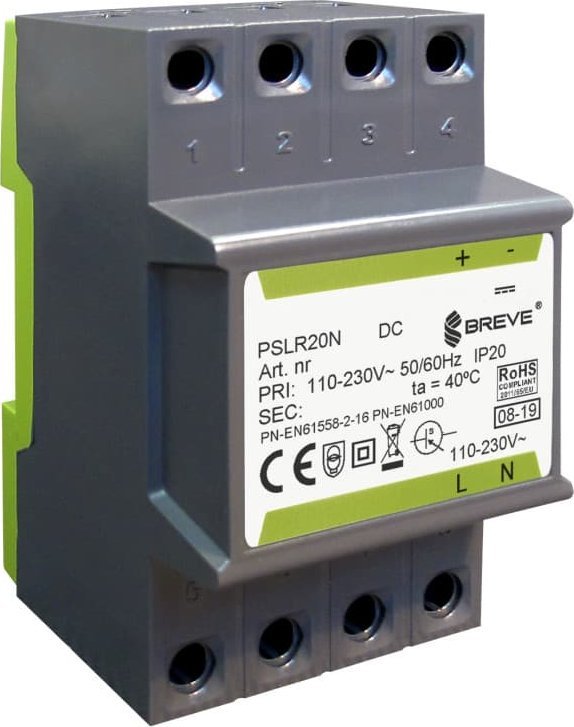 BREVE Zasilacz impulsowy PSLR 20 230VAC/12VDC 1,6A /na szynę TH/ 18912-9991