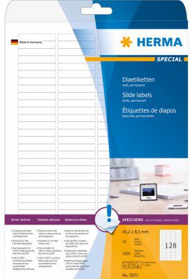 Herma Etykiety slajdów, biały, 43,2 x 8,5 mm, do wszystkich klatek slajdów, matowy papier, 25 arkuszy (5071)