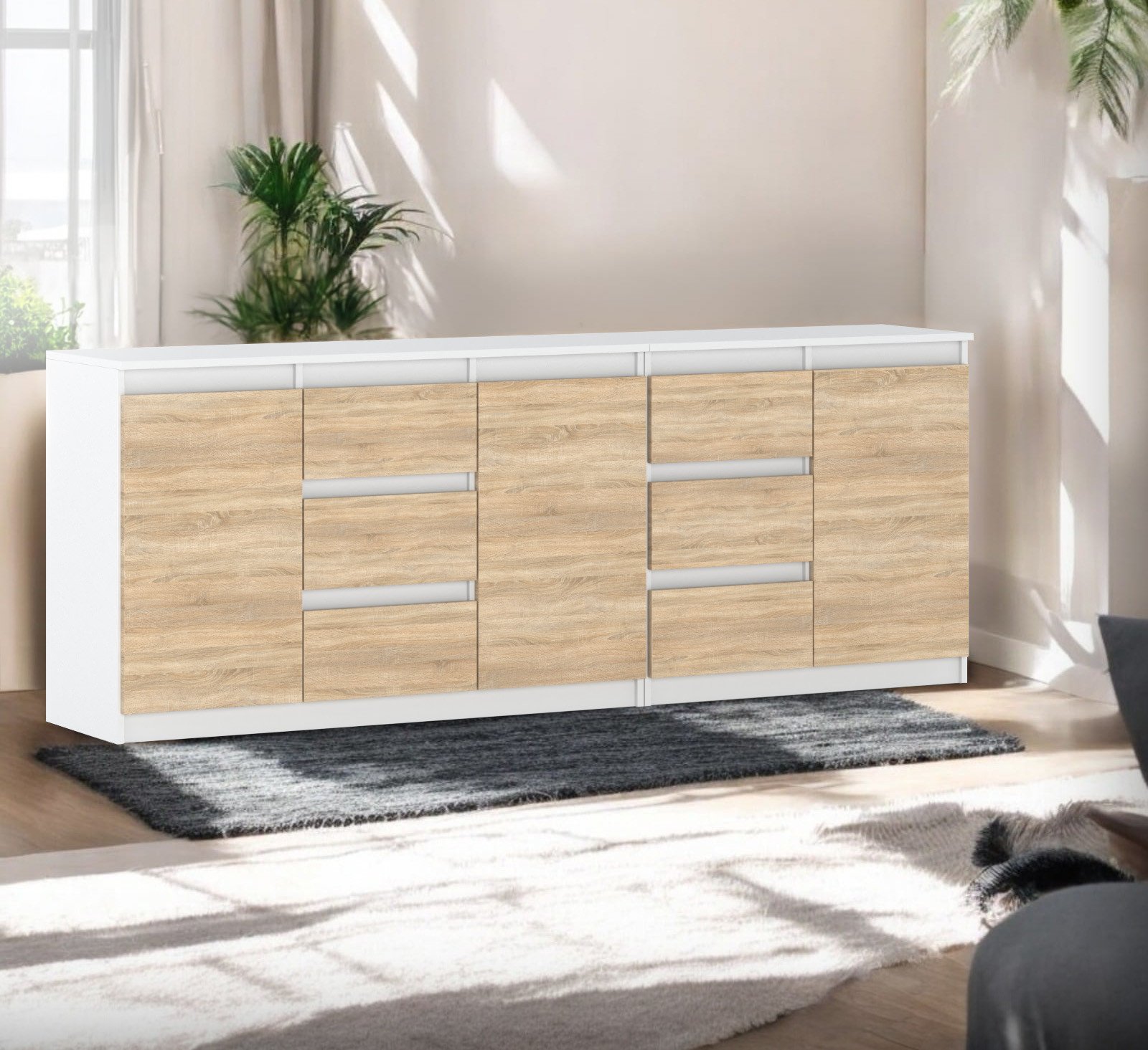 Komoda Biała Drewniana Agnes 200cm 6 Szuflad Do Sypialni Salonu Młodzieżowa