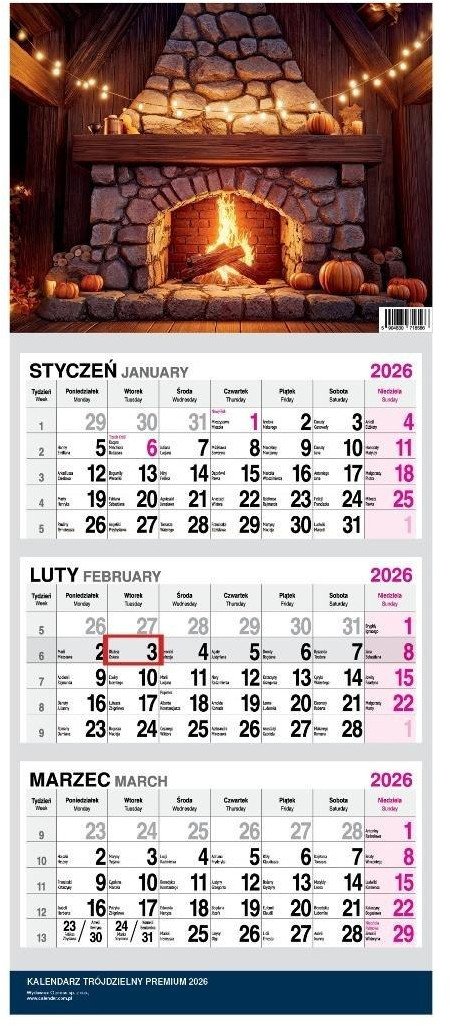 Kalendarz 2026 Trójdzielny premium Kominek