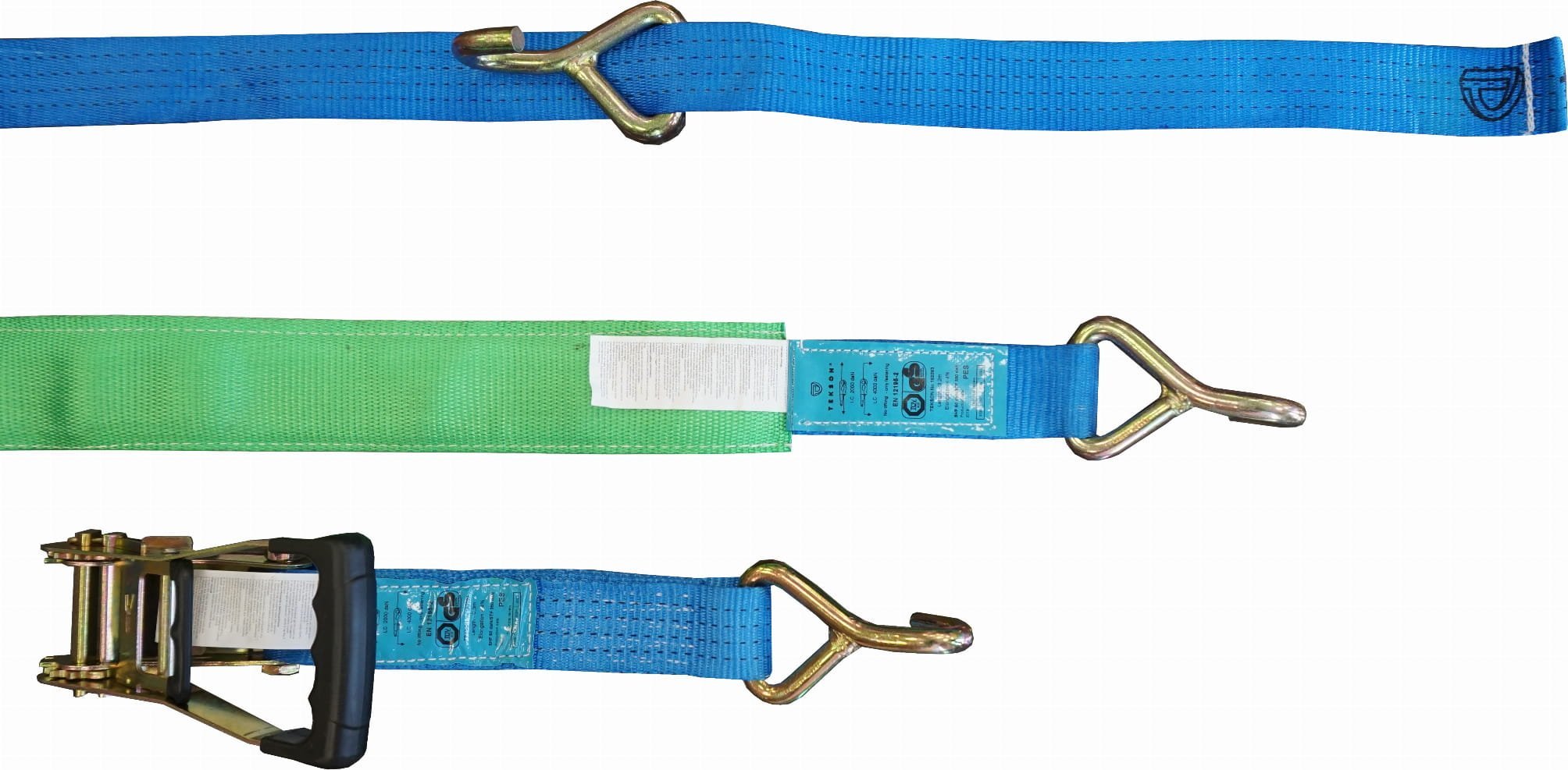 Tekson Pas Zabezpieczający 3,5m/50mm/4t Lohr 3-Punktowy Niebieski, 350 Dan, "Gumowa Rączka", Z Hakiem "J", Zielona Tuba