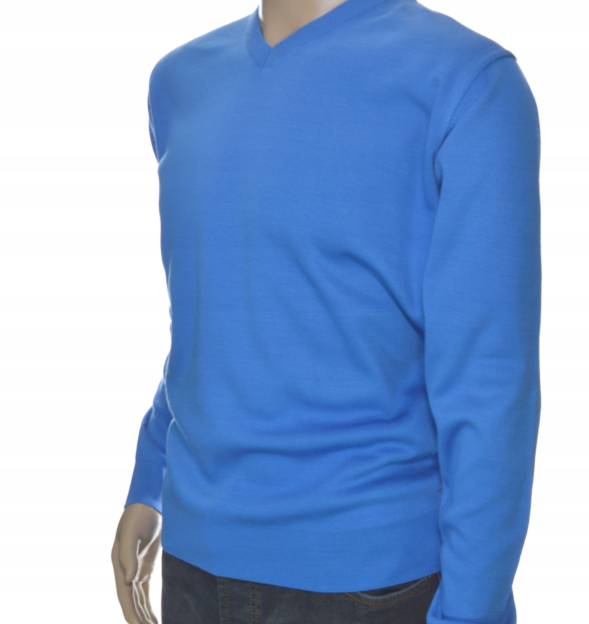 Sweter męski w szpic serek z wełny wełniany niegryzący L lazur 1703