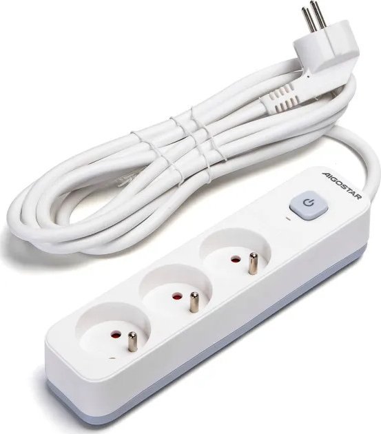 Aigostar Francuski przedłużacz 3-gniazdowy z wyłącznikiem biało-szary 3m Francuski przedłużacz 3-gniazdowy z wyłącznikiem biało-szary 3m