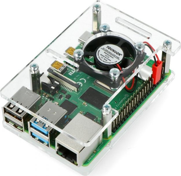 Gravlaser Obudowa do Raspberry Pi 4B/3B+/3B/2B otwarta z wentylatorem - przezroczysta