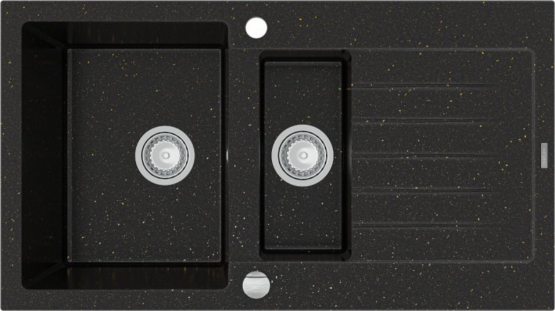 Zlewozmywak Mexen Matias granitowy 1,5-komorowy z krótkim ociekaczem 900 x 505 mm, czarny/złoty metalik - 6502901505-75
