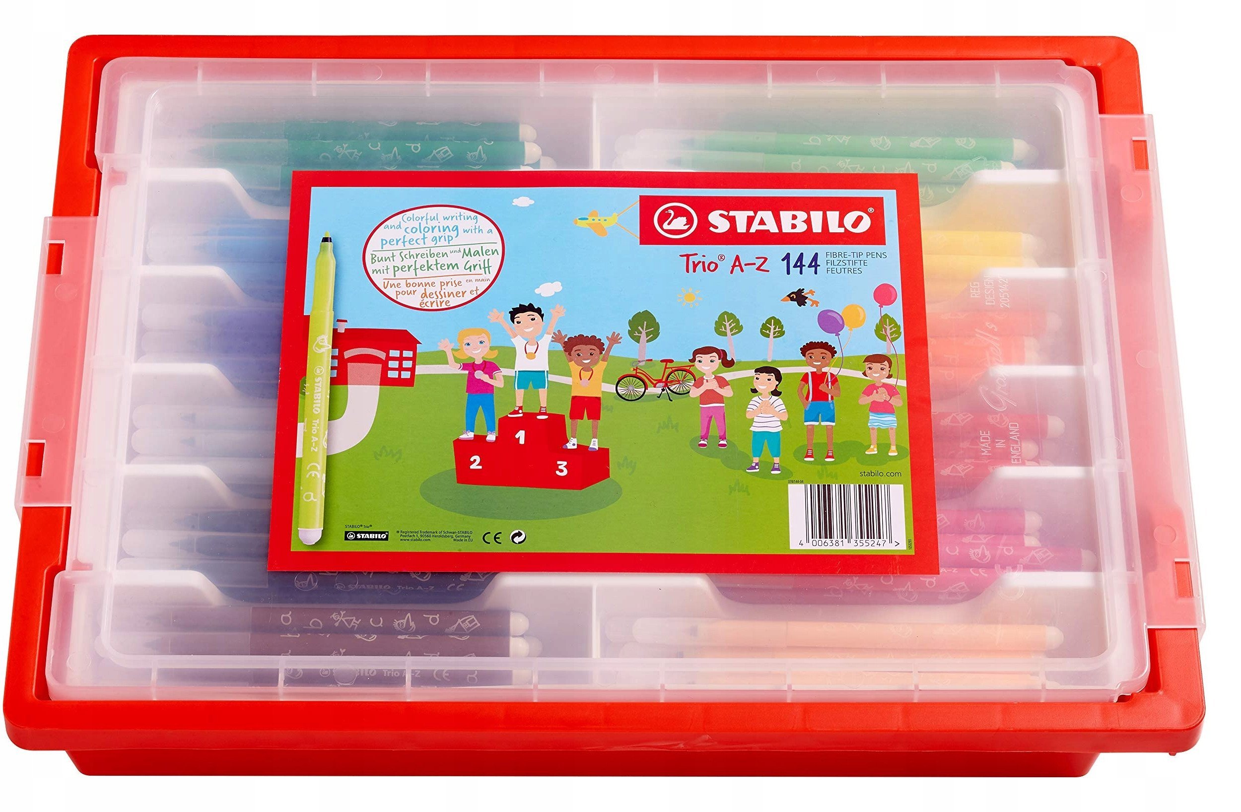 Stabilo Trio A-Z Børnetusch Klassesæt 12x12 farver i robust opbevaringsæske med låg