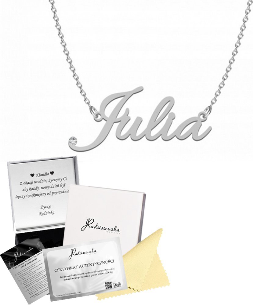 Radziszewska Jewellery NASZYJNIK SREBRNY Z IMIENIEM JULIA ŁAŃCUSZEK PREZENT 925 DEDYKACJA GRATIS