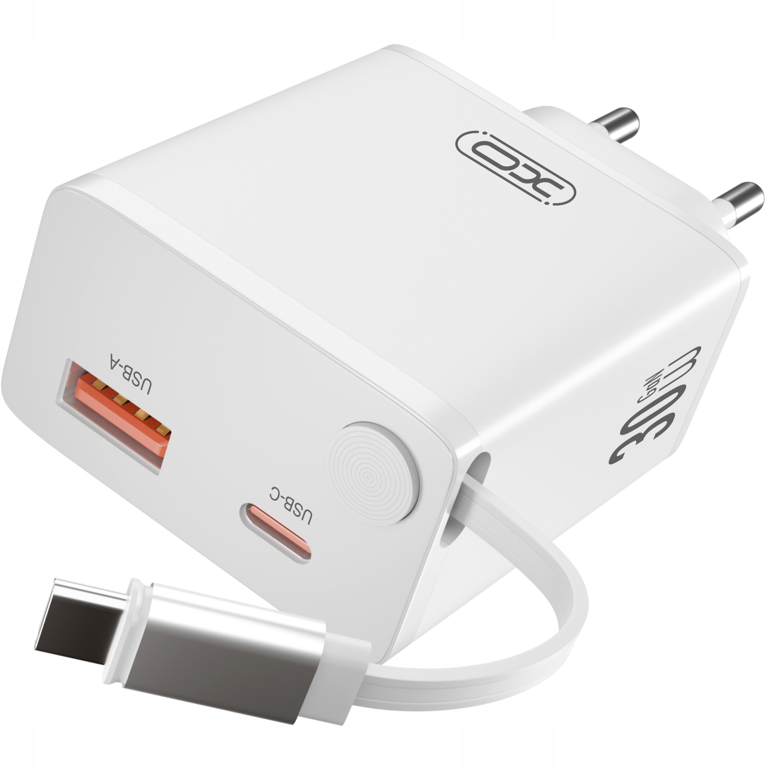 XO ładowarka sieciowa CE31 1x USB 1x USB-C 30W biała z kablem USB-C zwijanym