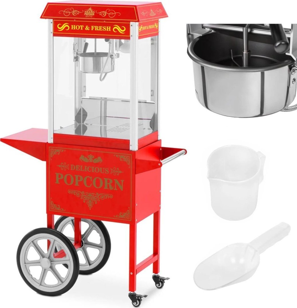 Maszynka do popcornu Royal Catering Profesjonalna maszyna do popcornu na wózku z oświetleniem RETRO 88 l 1600 W czerwona