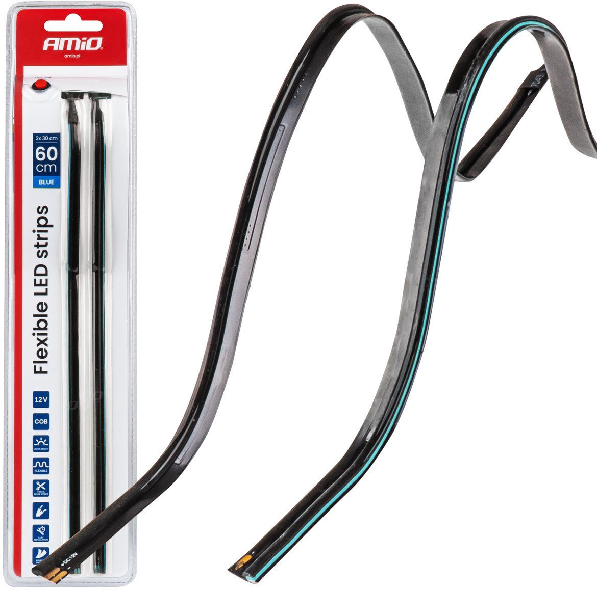 Paski led do samochodu boczne niebieskie 2x30cm 12v amio-04578