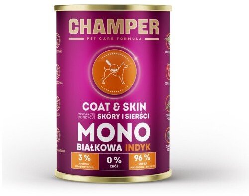 Wiejska Zagroda CHAMPER COAT&SKIN jedno białkowa indyk mokra karma dla psa 400g