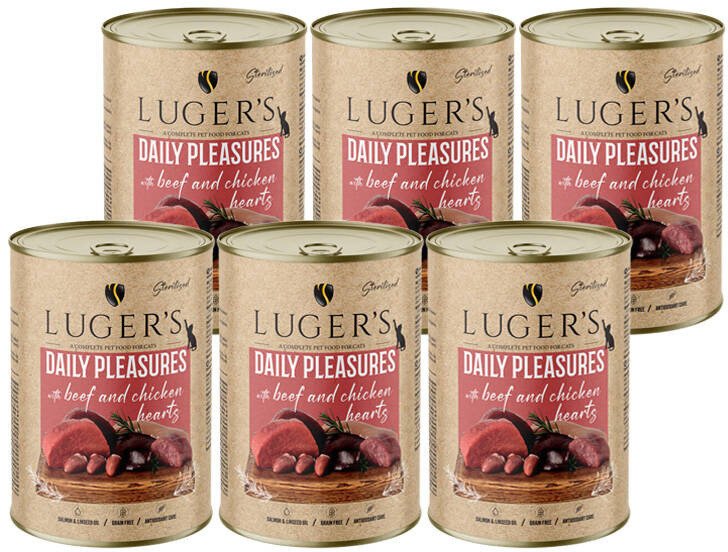 Karma mokra dla kota Luger's Daily Pleasures Sterilised z wołowiną i sercami z kurczaka zestaw 6x400 g