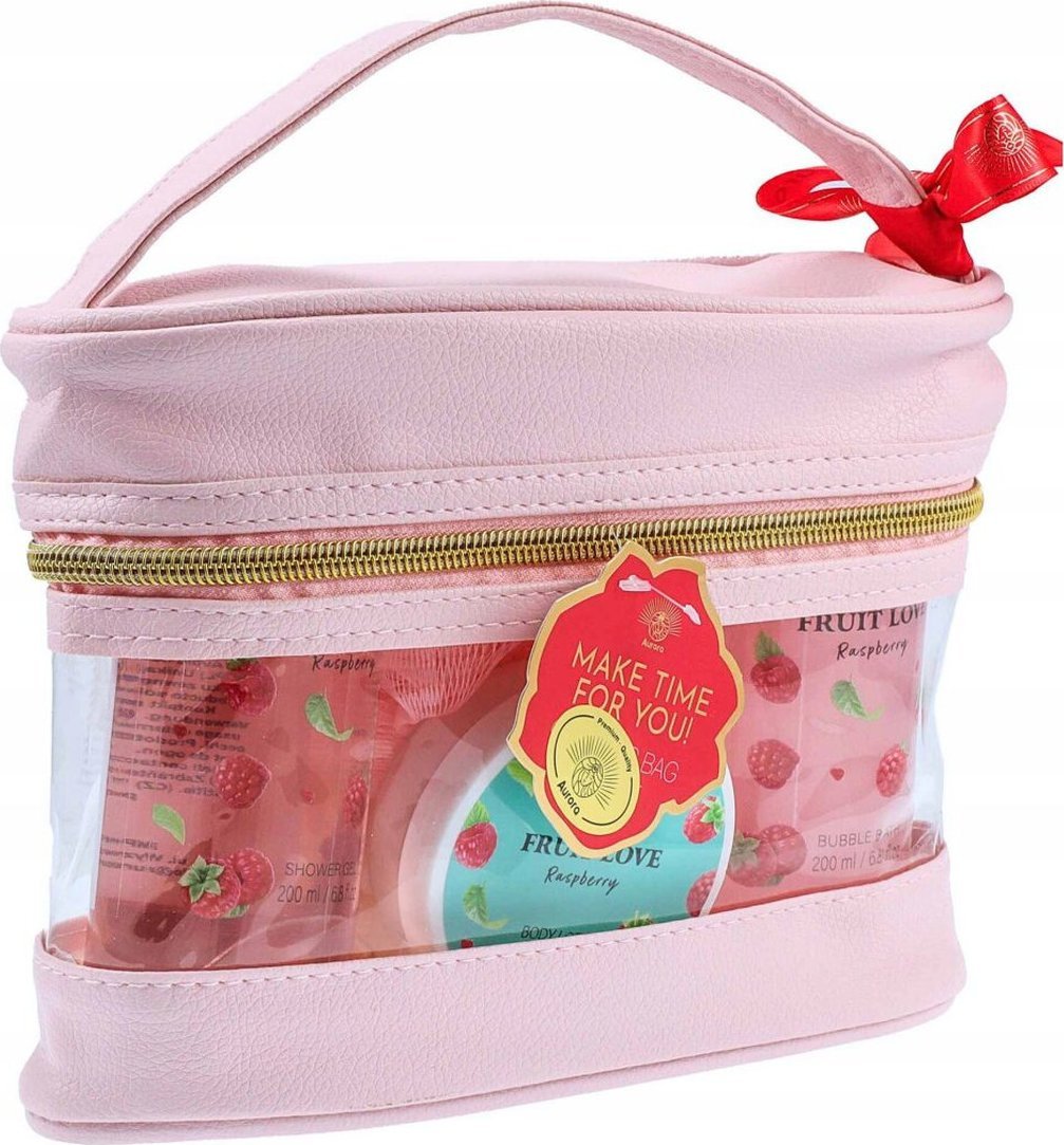 Aurora - zestaw prezentowy 4 kosmetyków w kosmetyczce zapach malina - piana, żel balsam, gąbka