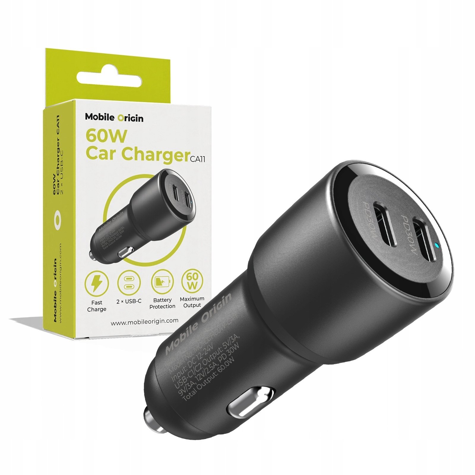 Ładowarka Mobile Origin Car Charger 60W 2 USB-C, CA11