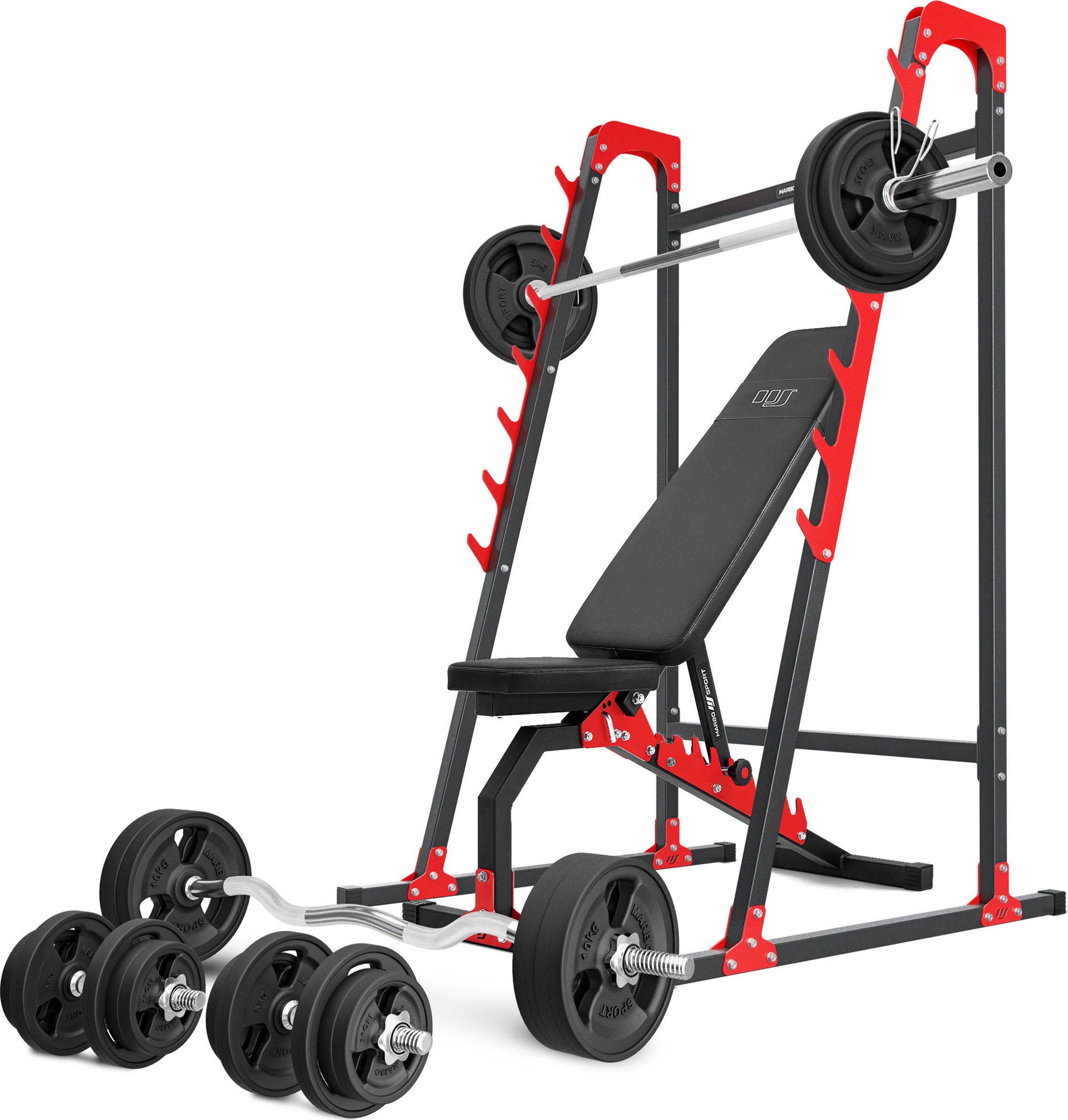 Zestaw MH8_155KG_KIER_G | Ławka dwustronna + stojaki wielopoziomowe + zestaw gryfów i obciążeń gumowanych - Marbo Sport