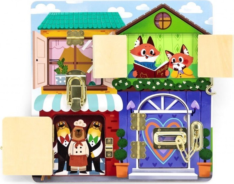 Viga Montessori Drewniana Tablica Manipulacyjna Zamek i Zatrzask Dom